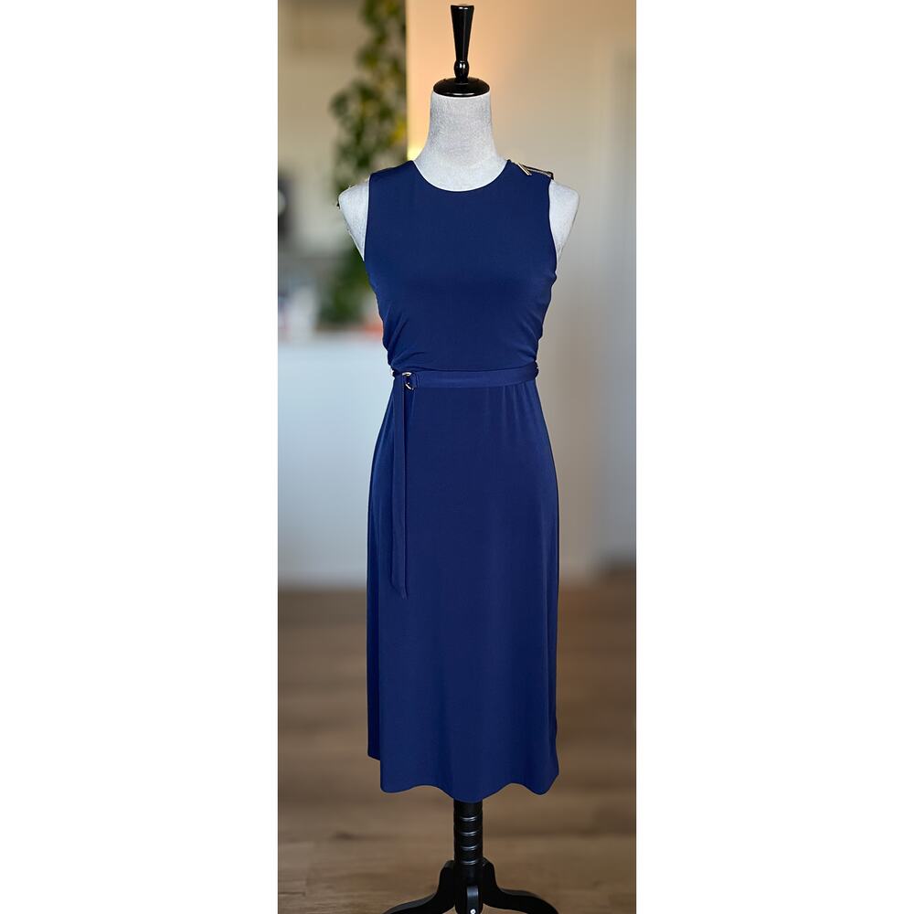 MICHAEL KORS Navy Sleeveless Belted Midi Dress Size XS